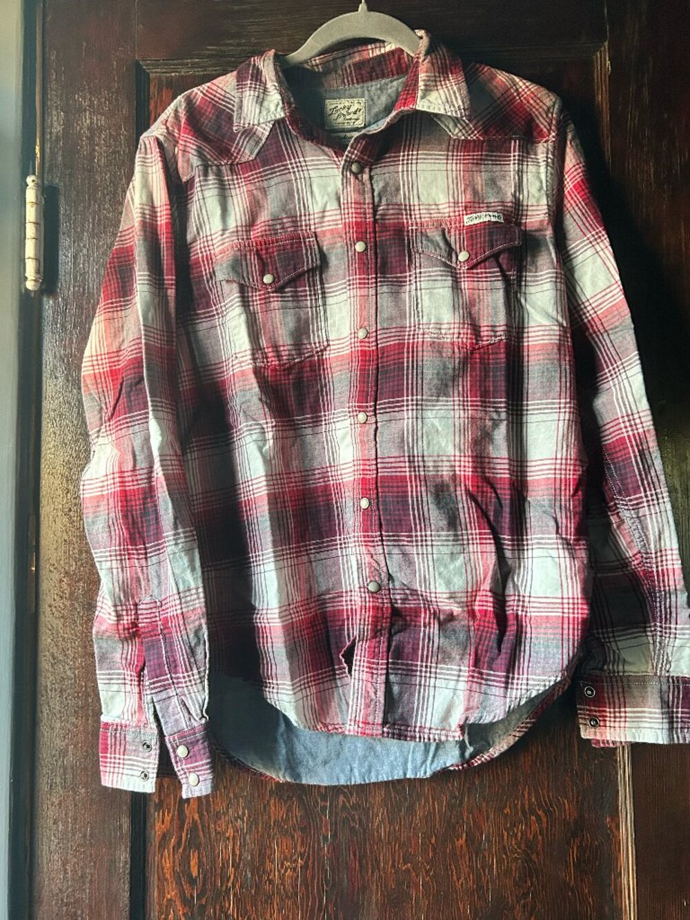 Lucky Brand Red Grey White Plaid Pearl Snap Shirt Size Medium